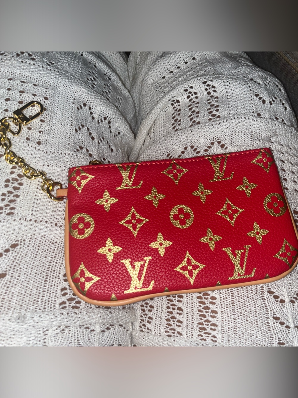 Tommy Hilfiger Red and Gold Monogram Coin Pouch with Chain